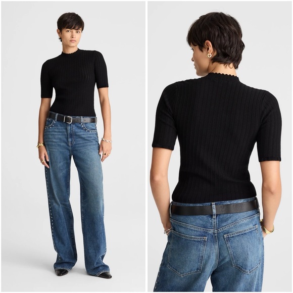 Madewell Pointelle-Stitch Mockneck Sweater Tee Abyss Black Size XXS 2XS NWT - Picture 3 of 11